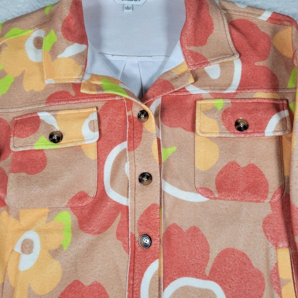 Davi & Dani Shacket Womens Large Tan Orange Floral‎ Button Up Elbow Patch Jacket